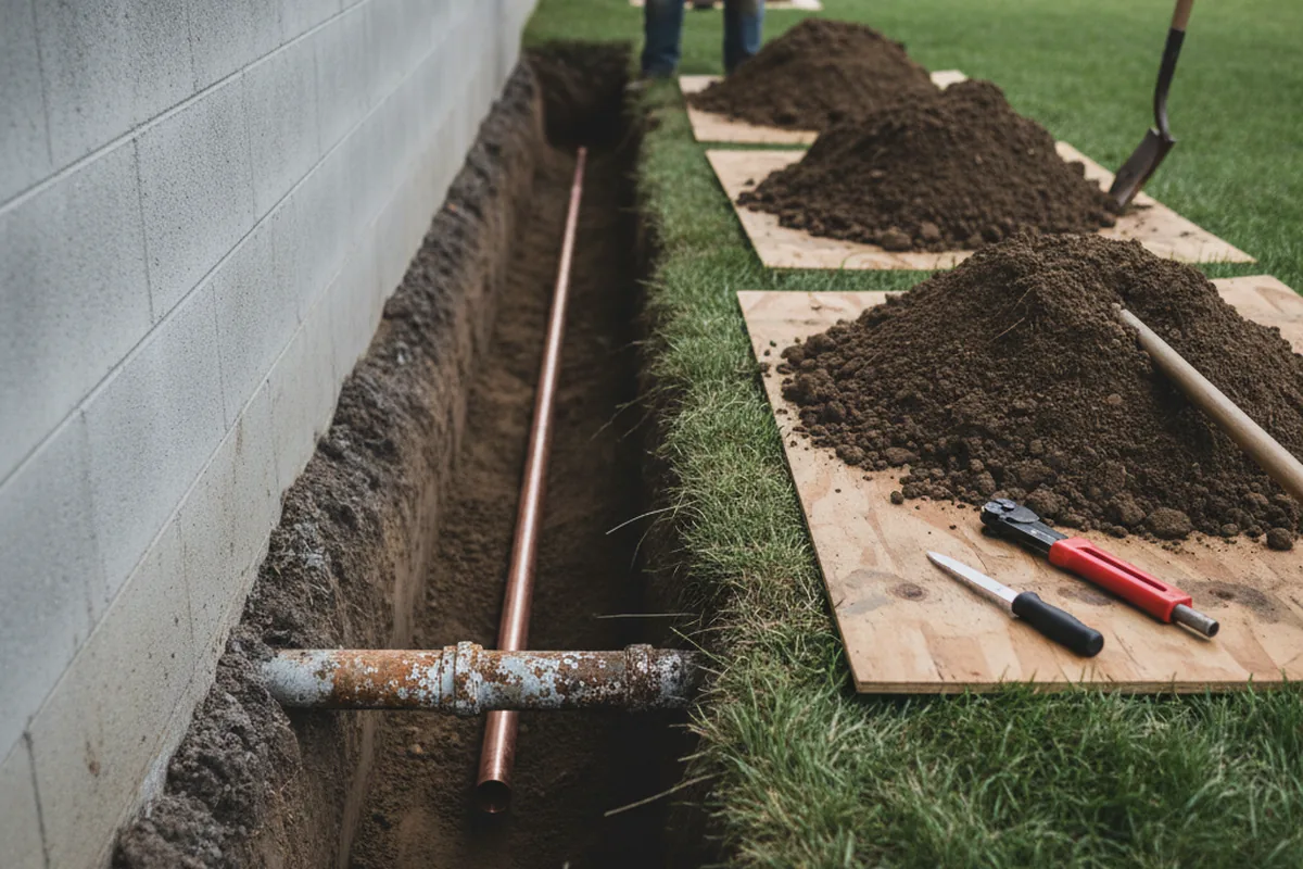 Excavated water line trench during Water Heater Repair in Jeromesville